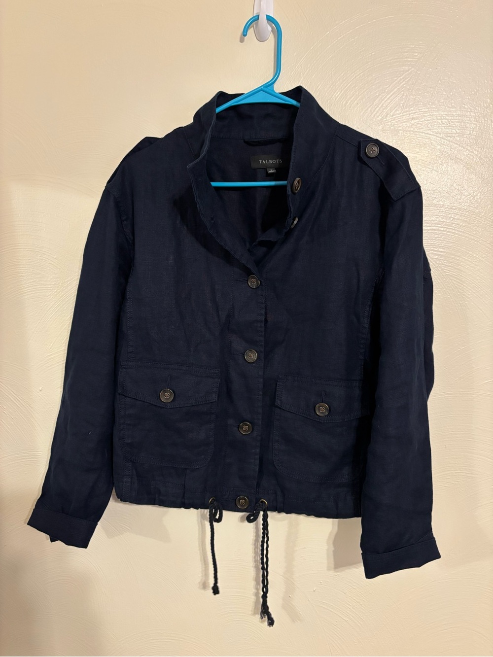Talbots 100% Linen Utility Jacket Womens S Navy Blue Drawstring Safari